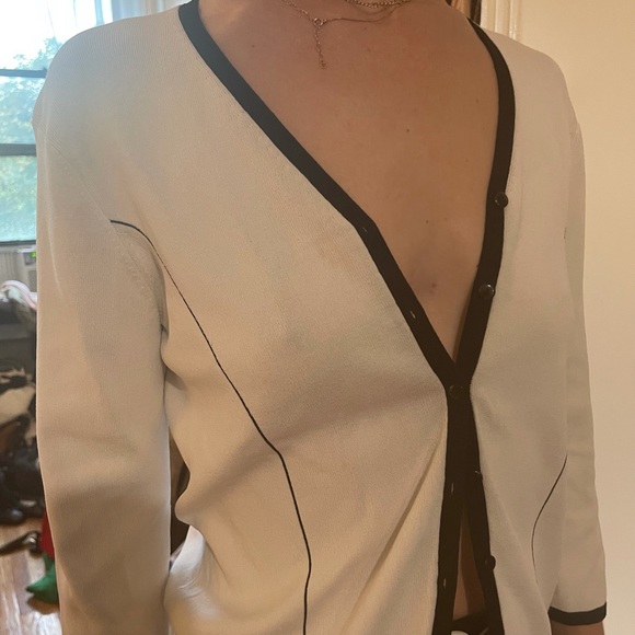 Vintage Shego’s White + Black Trim 3/4 Sleeve V Neck Cardigan Sweater Fit S M L - Picture 14 of 16